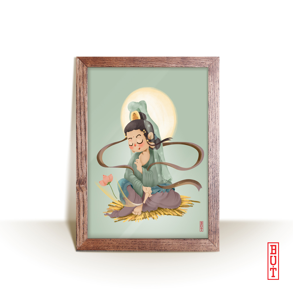 Tranh Quan Thế Âm Bồ Tát cầm Tịnh Bình và sen